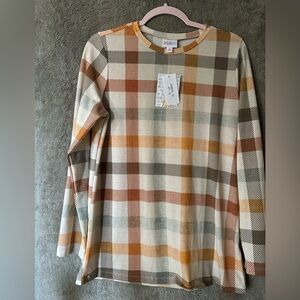 LuLaRoe Cream Plaid Top with Rust and Mustard Accents